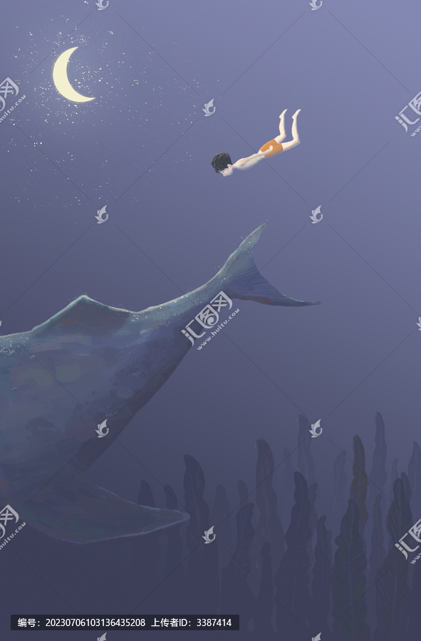 海底鲸鱼男孩唯美插画