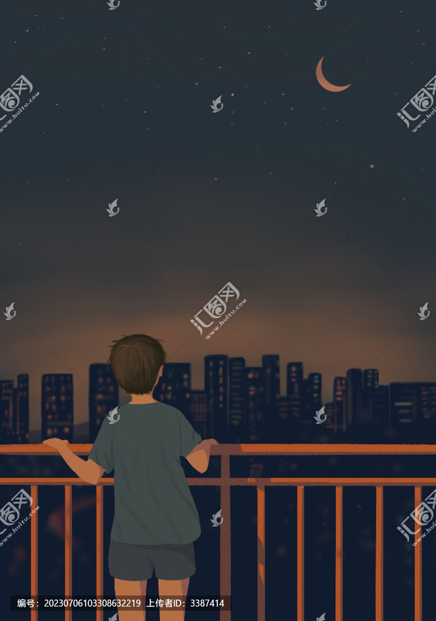 男孩站在阳台看城市夜色