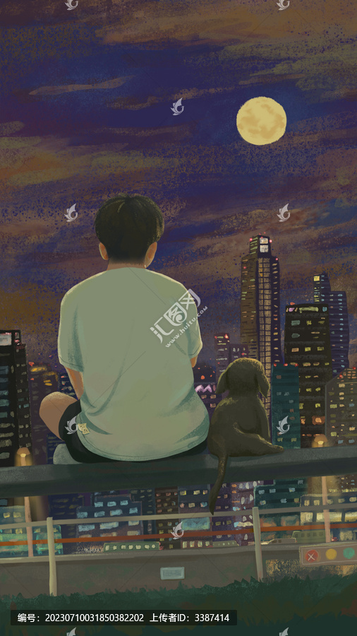 男孩坐在凳子上城市夜景插画