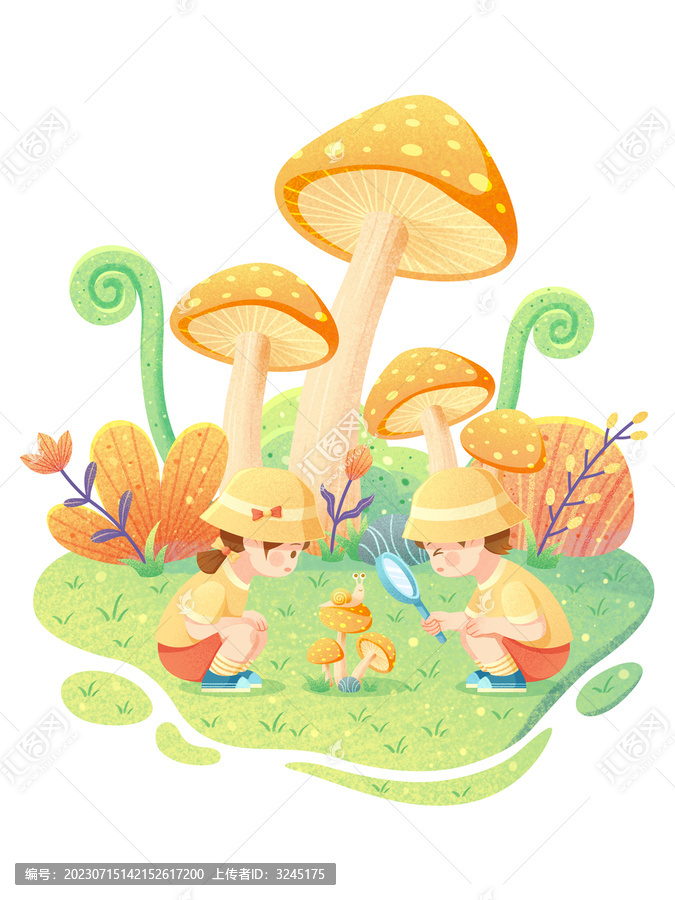 两个小孩在蘑菇森林里观察蜗牛