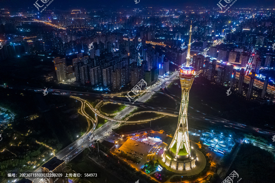 航拍郑州中原福塔夜景都市地标