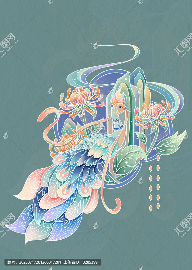 线性国风国潮孔雀插画