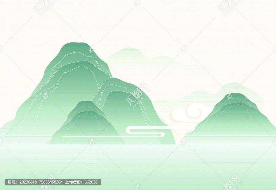 中国风工笔画湖面山水画