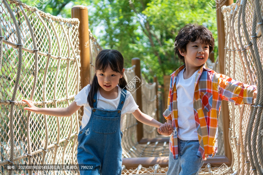 两个小孩子相互鼓励牵手走绳桥