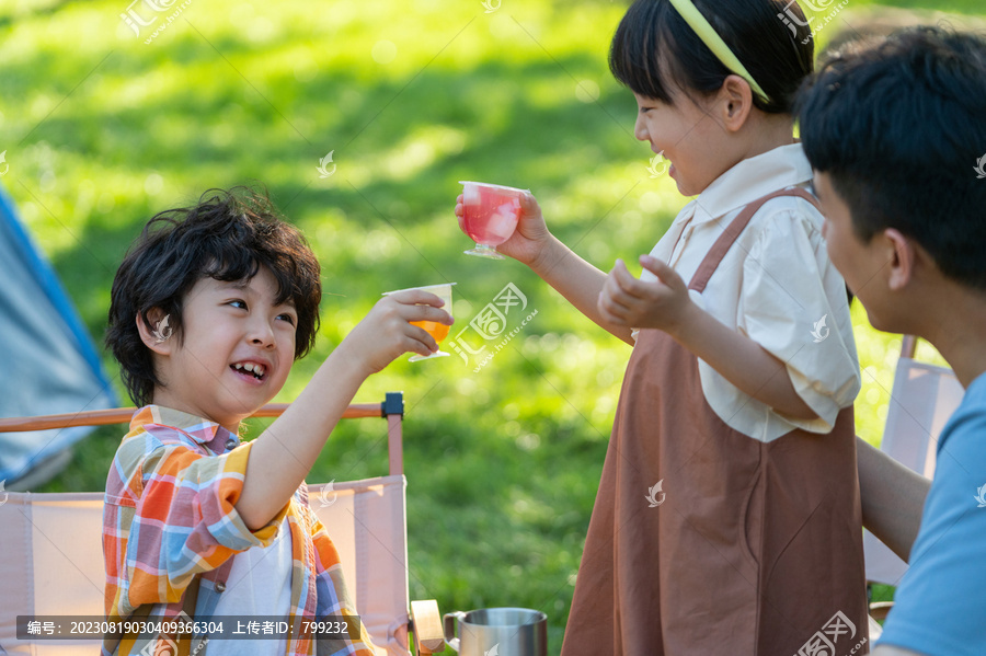 一家四口在露营地野餐开心干杯庆祝