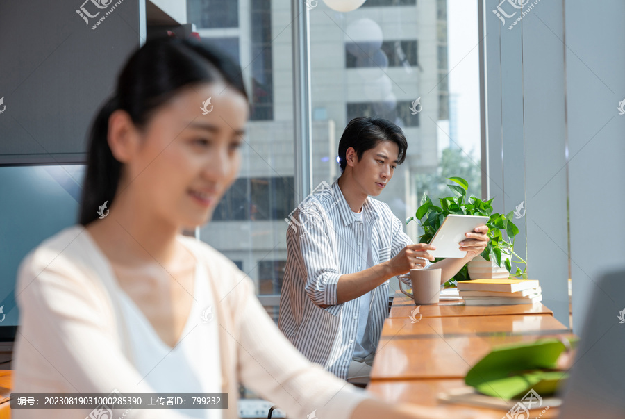 两个年轻人使用电脑专心工作