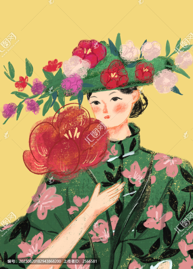 女孩拿花少女插画油画手绘插图