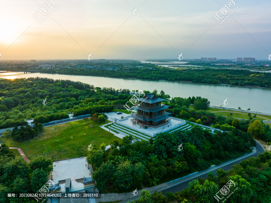 航拍河北滹沱河日落风光