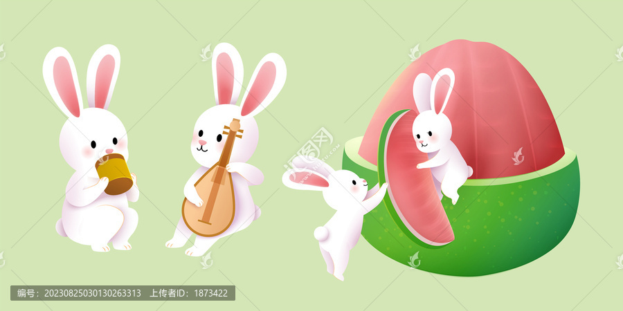 可爱白兔角色集合,喝茶演奏琵琶与分享柚子