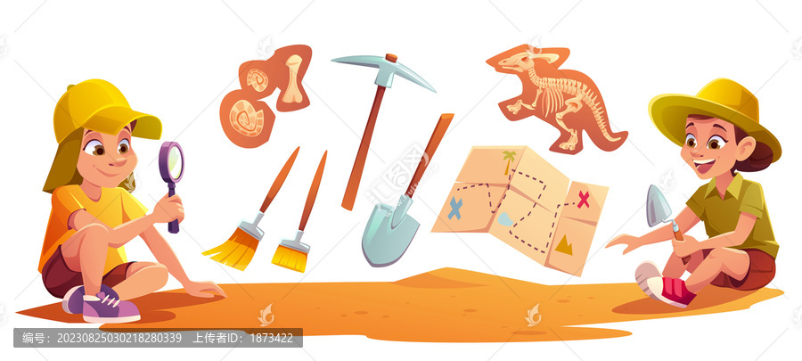 卡通风孩子在玩考古挖掘游戏插图