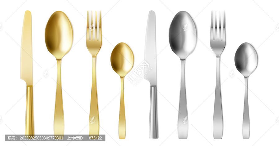 渲染雾面的金色及银色餐具,整齐排列