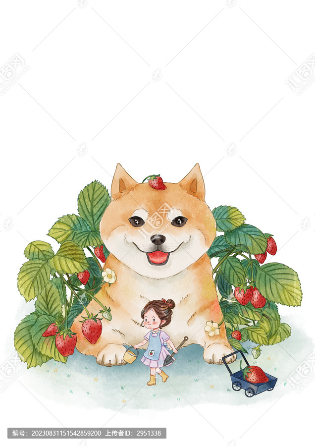 小场景柴犬水彩插画