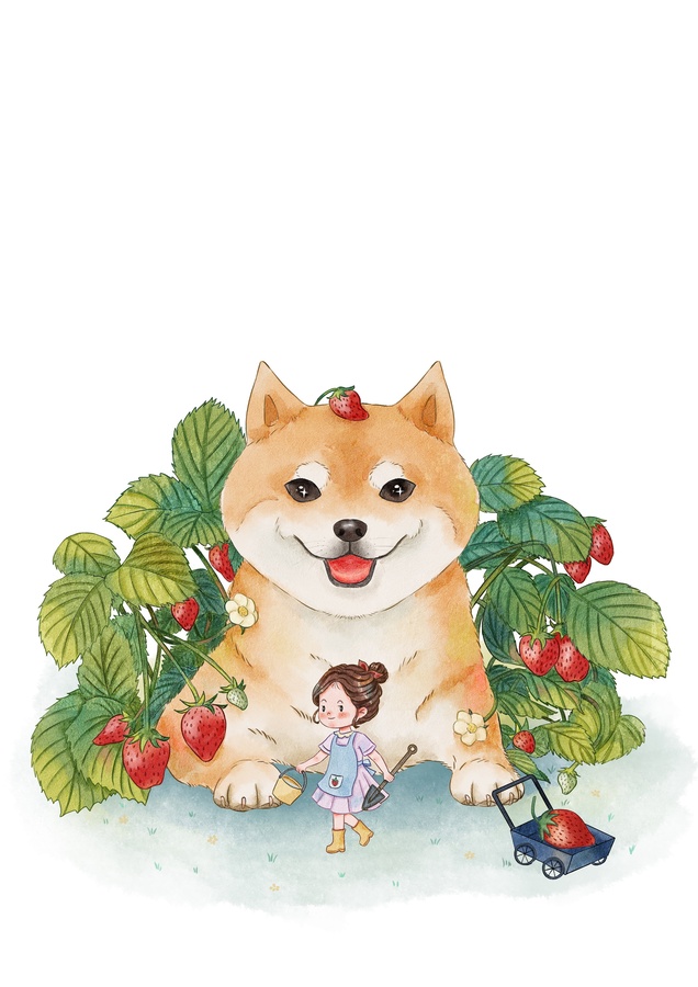 小场景柴犬水彩插画