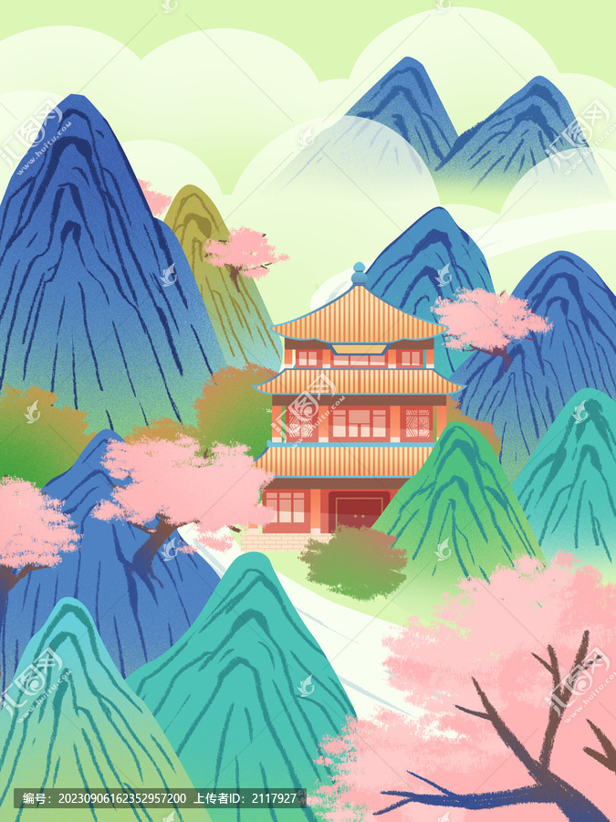 国潮插画古楼山水桃花树风景