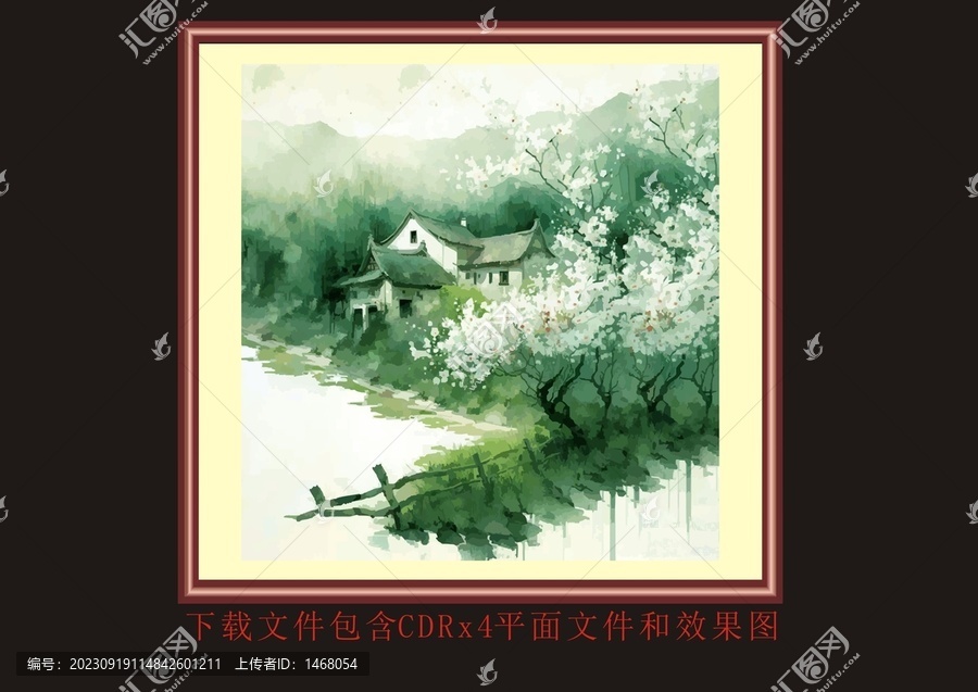 小屋植物桃花油画水墨风景画