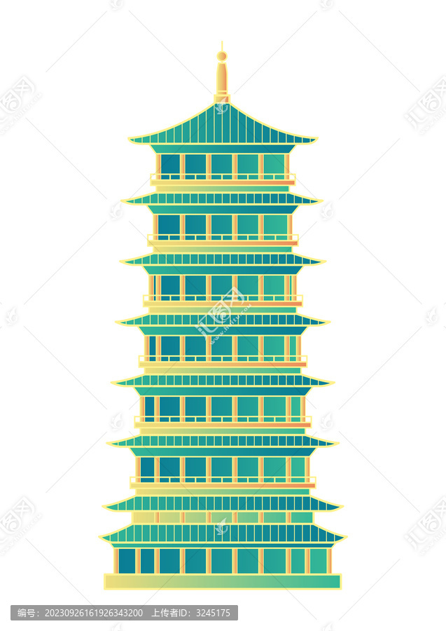 西安长安塔古建筑矢量插画元素