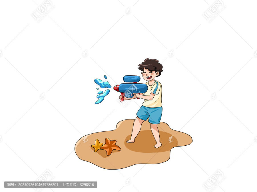 男孩沙滩上拿水枪玩耍单人元素