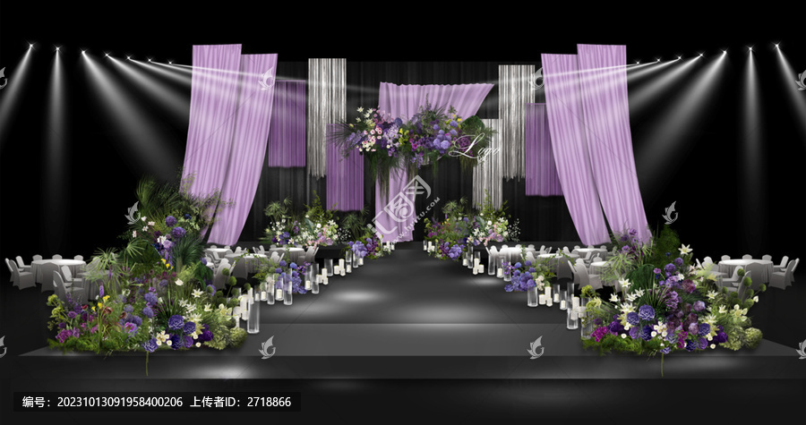 紫色布幔舞台婚礼效果图