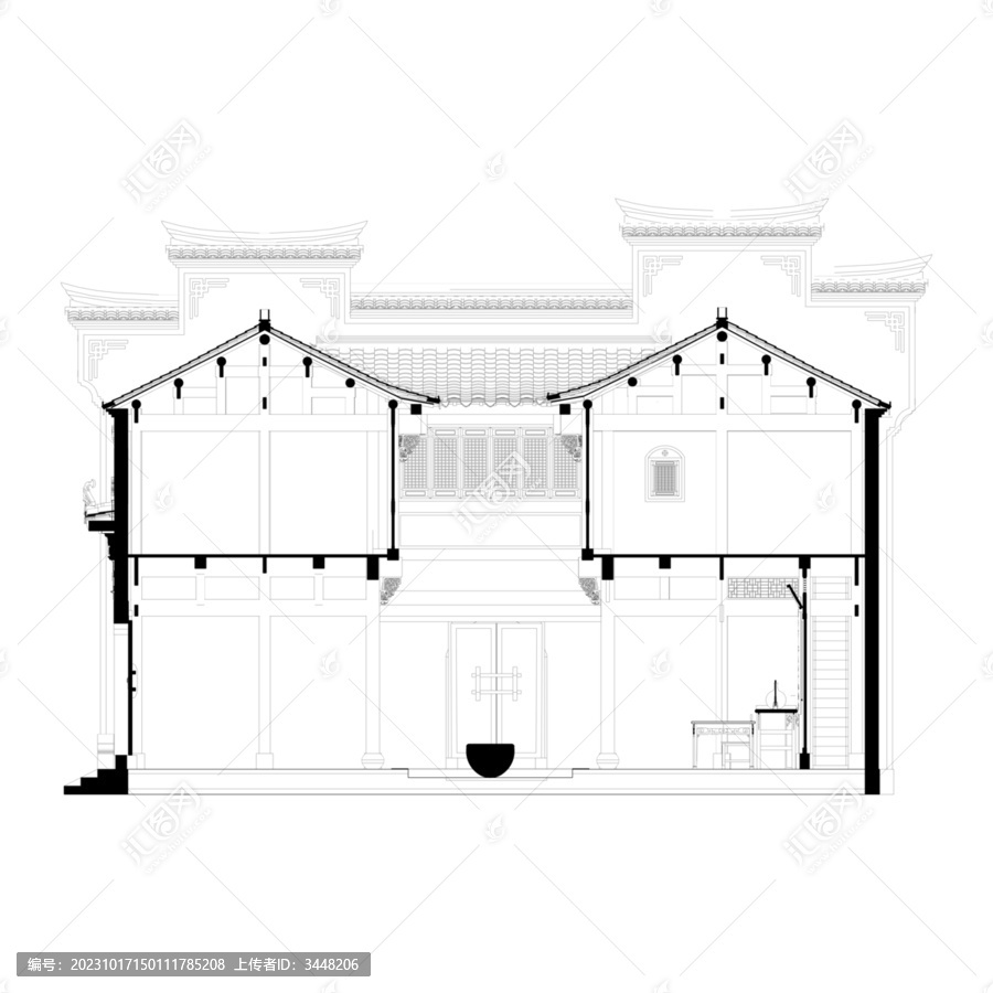 徽派民居纵剖线稿