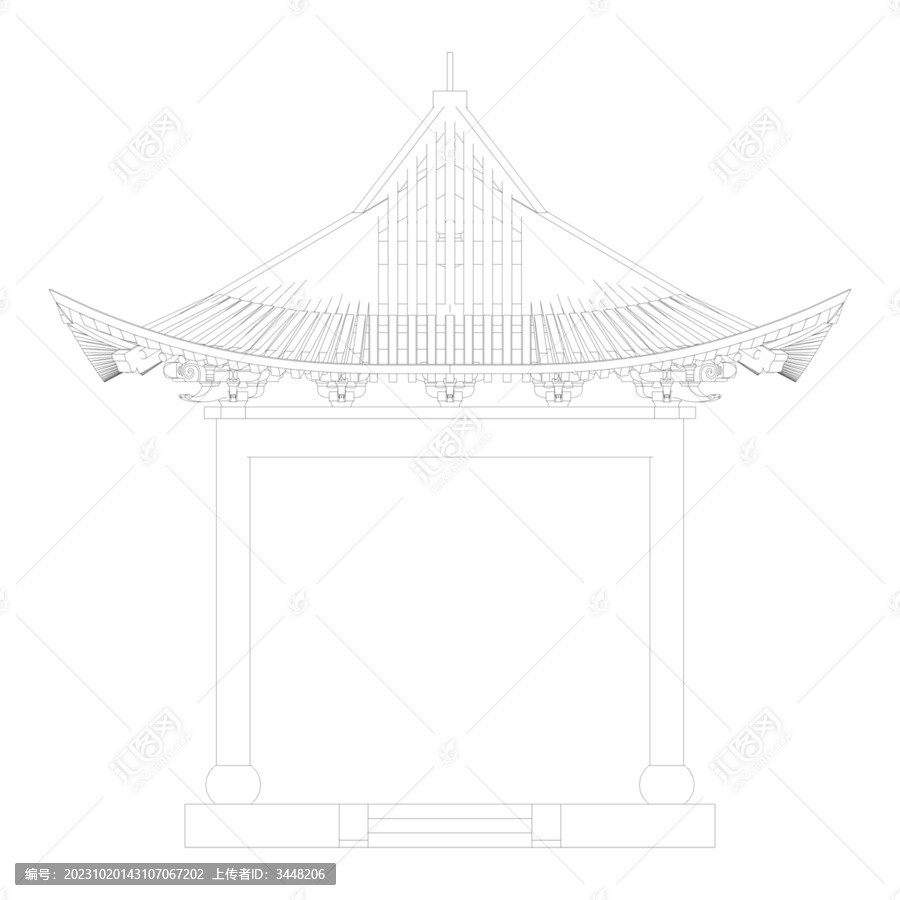 方亭木结构正立面线稿