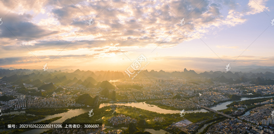 航拍桂林城区夕阳晚霞