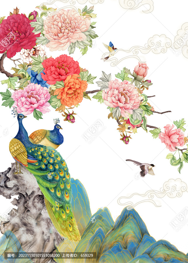 国潮手绘牡丹插画