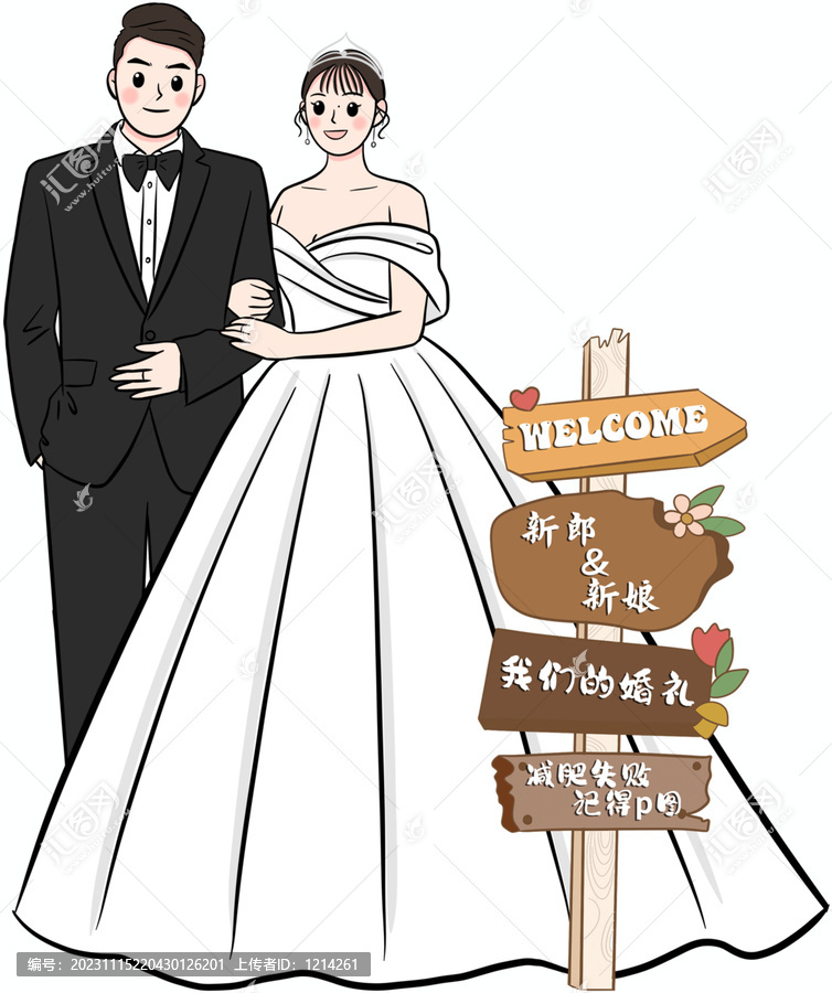 婚礼卡通手绘人像形迎宾指引立牌