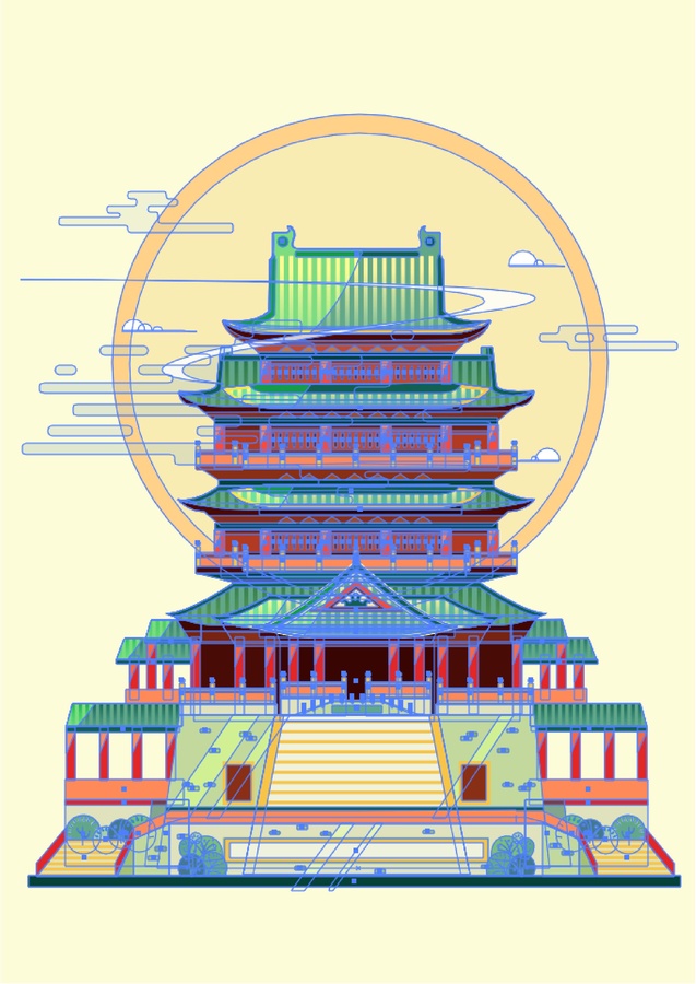 江西滕王阁矢量地标建筑插画