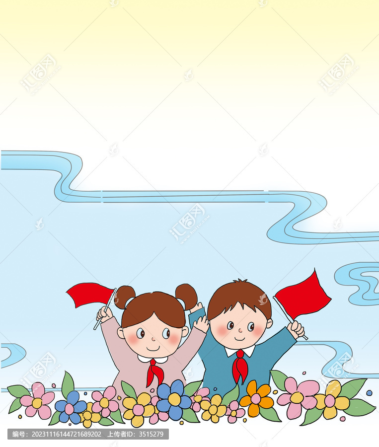 花丛前戴红领巾的小学生卡通插画