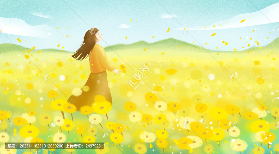 黄色花丛中的少女瞭望远方