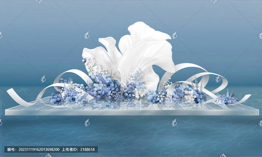 蓝白海边泡雕自由曲线婚礼效果图