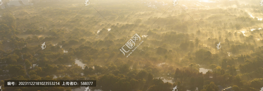 杭州西溪湿地公园晨曦云雾航拍