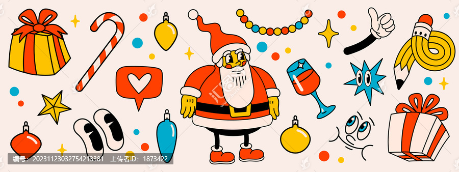 复古时髦圣诞节圣诞老人元素插画