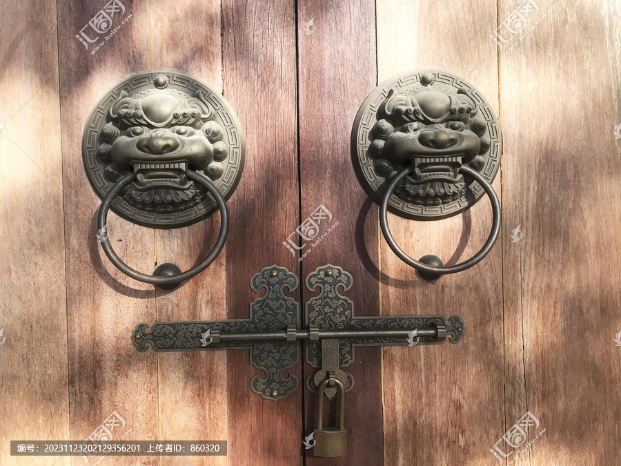 中式铜制兽首门环木门