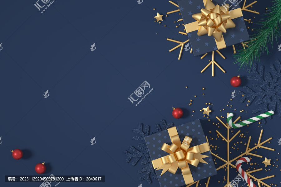 3D渲染的圣诞节礼盒蓝色背景