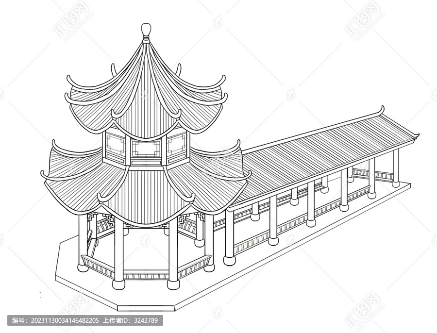 中式建筑古代凉亭八角亭白描线稿