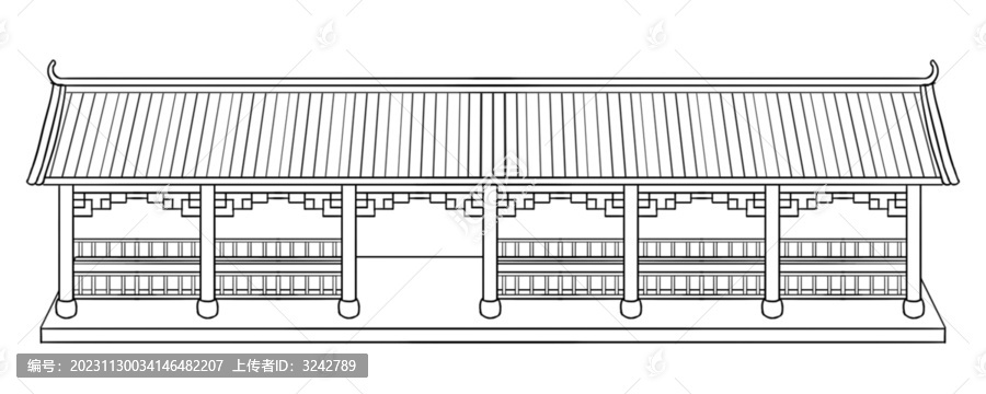 中式建筑古代凉亭长廊白描线稿