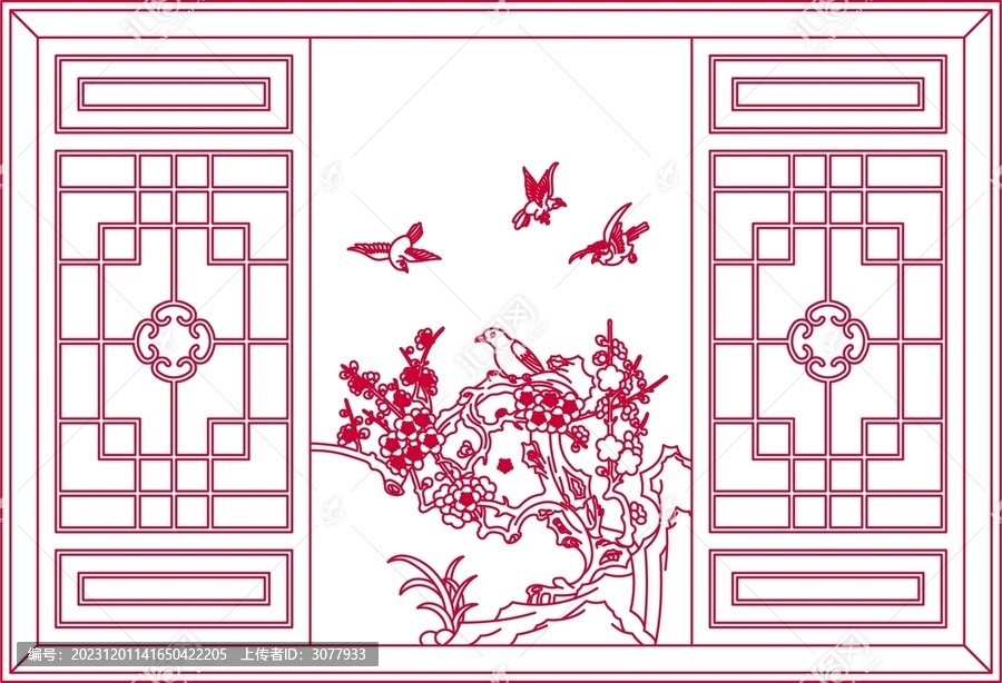 中式木窗花鸟木雕