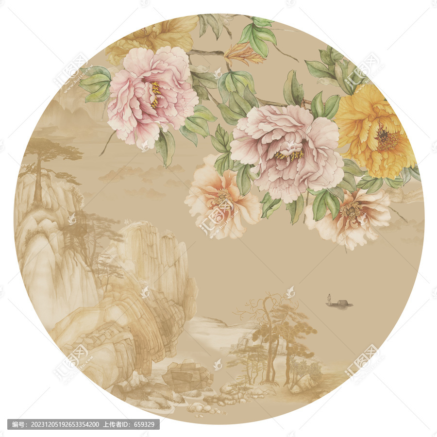 古典牡丹花鸟山水图
