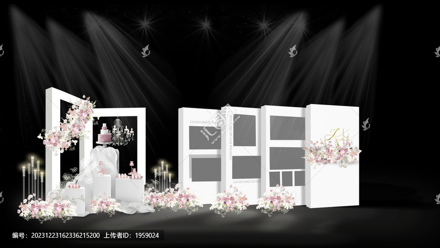 白粉色甜品区照片墙婚礼效果图