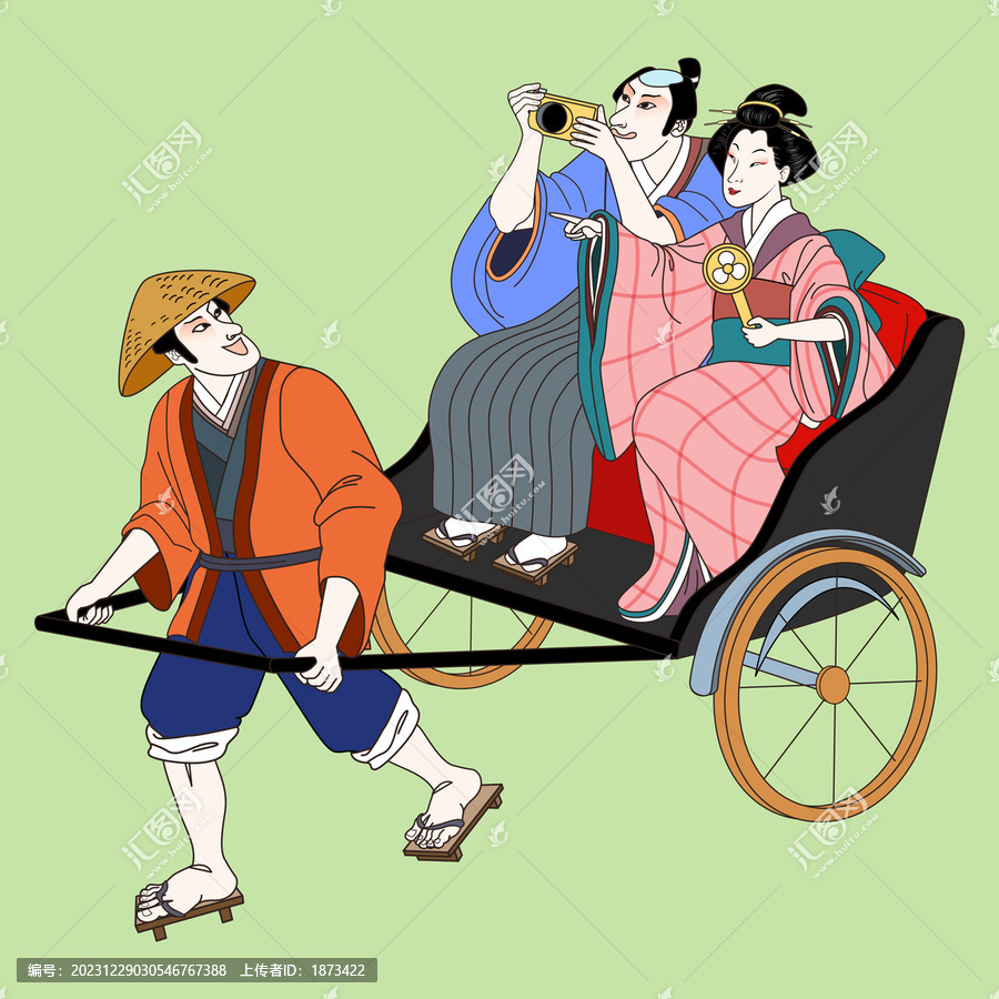 日本浮世绘风,搭人力车旅游的观光客插图