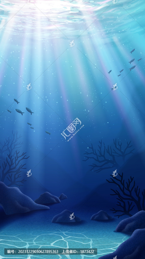 阳光透入宁静海底世界,手机壁纸插画