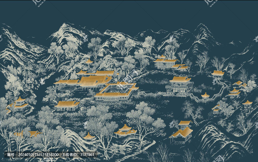 新中式手绘线描山水阁楼