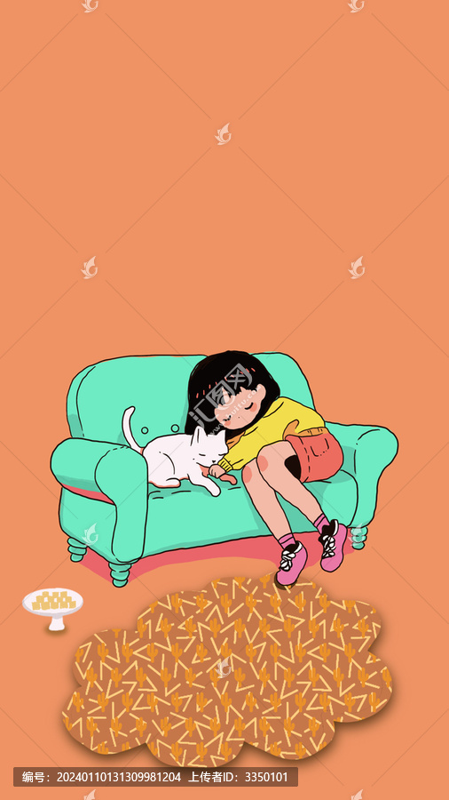 女孩和猫咪绿色沙发桔色背景