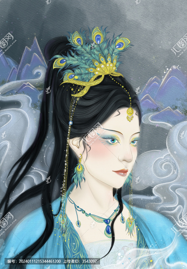 孔雀装古装美女插画