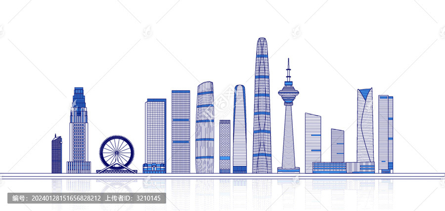 天津城市天际线矢量地标建筑插画