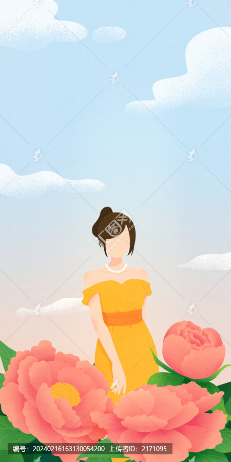 女性身穿礼服站在牡丹花前插画