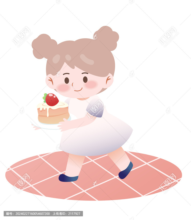 矢量插画小女孩拿着草莓蛋糕