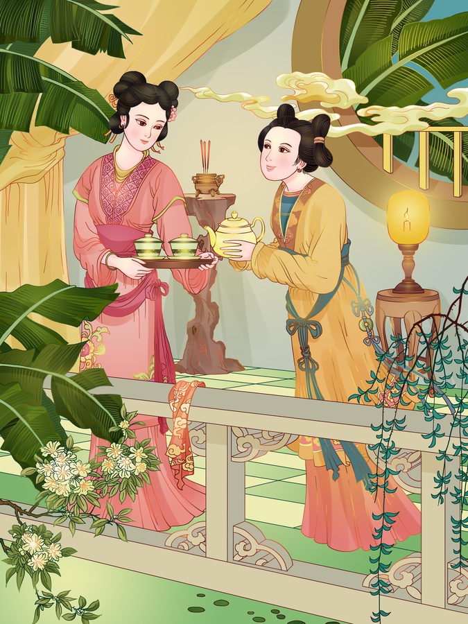 古风人物仕女侍茶场景插画