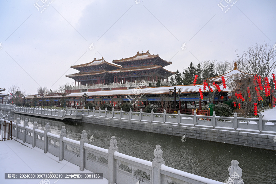 开封清明上河园大雪建筑灯笼雪景